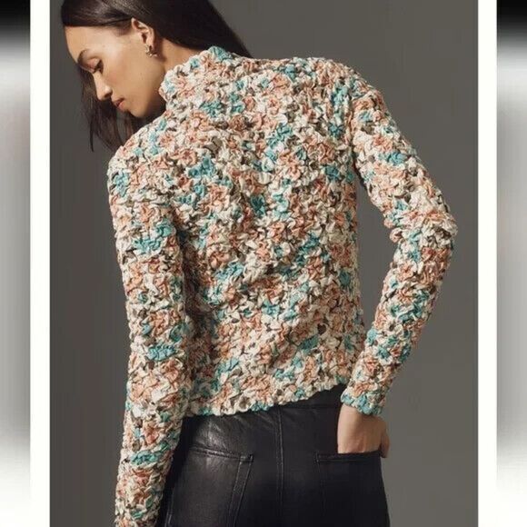 Dolan Printed Pebble Smocked Turtleneck Top M Pink Green Floral Stretch Pullover - Picture 3 of 16